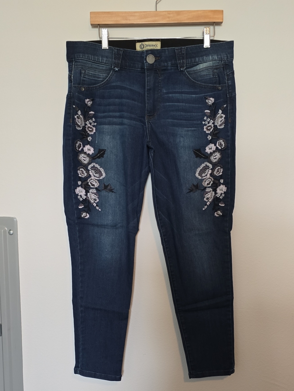 Democracy Dark Blue Skinny Jeans with Pink & Black Floral Embroidery